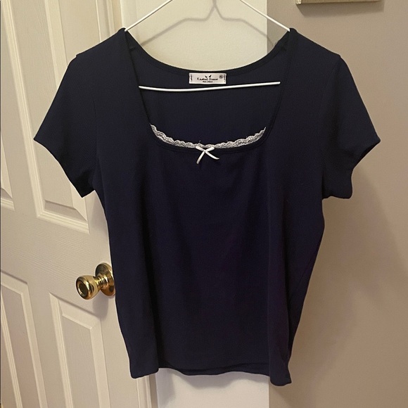 Tops - Women's Navy Blue Top with Lace bow Detail
